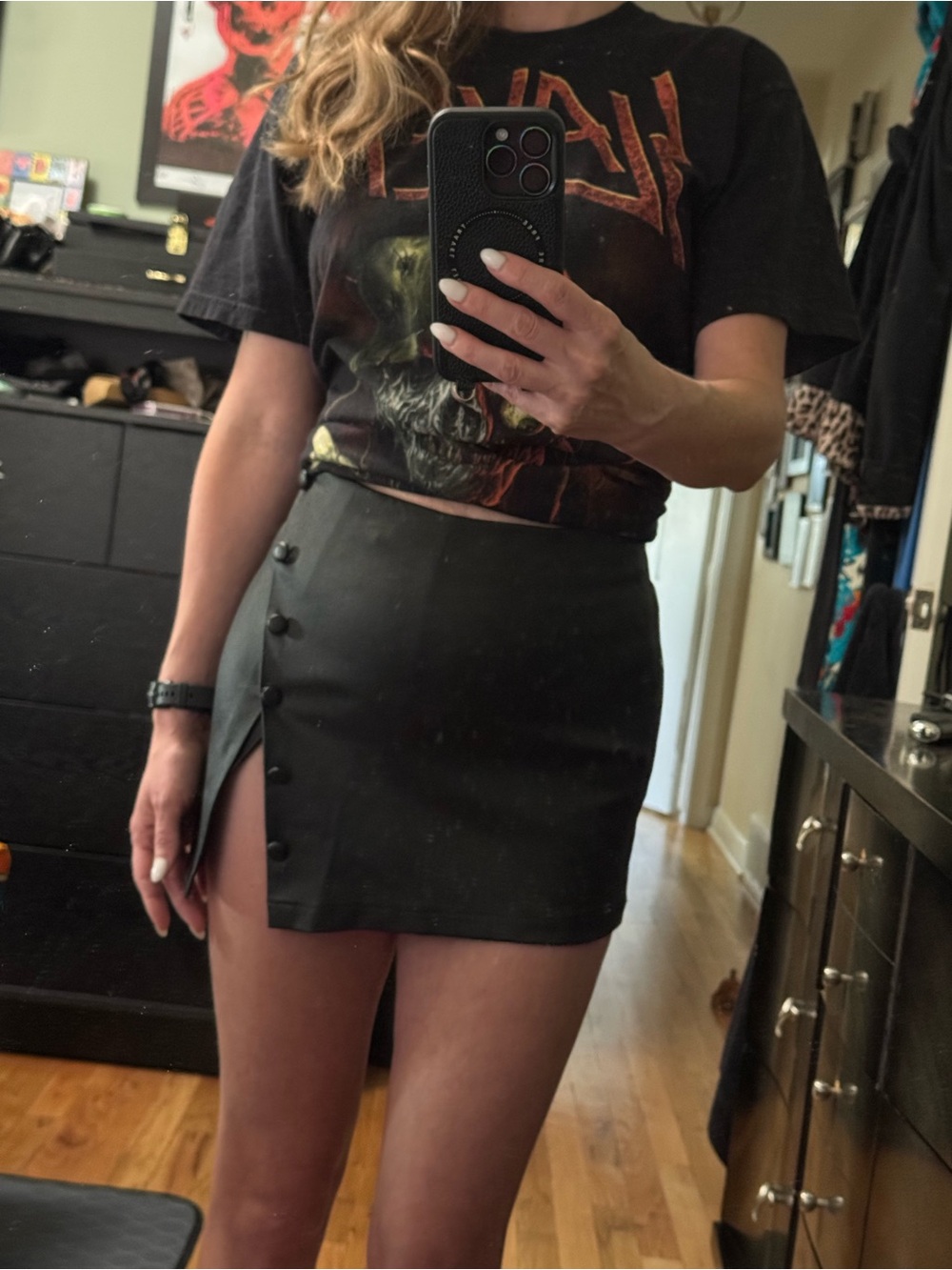 Fashion Nova Black Faux Leather Skort with Side Button Detail